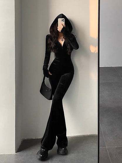 YoungGirlDay European and American style fashionable black velvet slim slim hooded zipper long-sleeved boot-cut jumpsuit (B1814)
