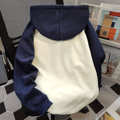 American cute crayon shinchan hooded stitching contrast color sweater for women autumn and winter plus velvet new trendy couple tops
