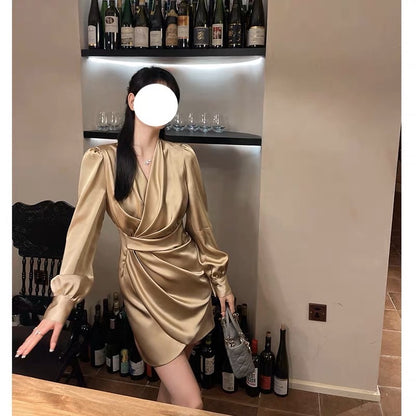 High-end French V-neck long-sleeved satin dress, spring and summer high-end ladylike temperament banquet party dress for women (V8815)