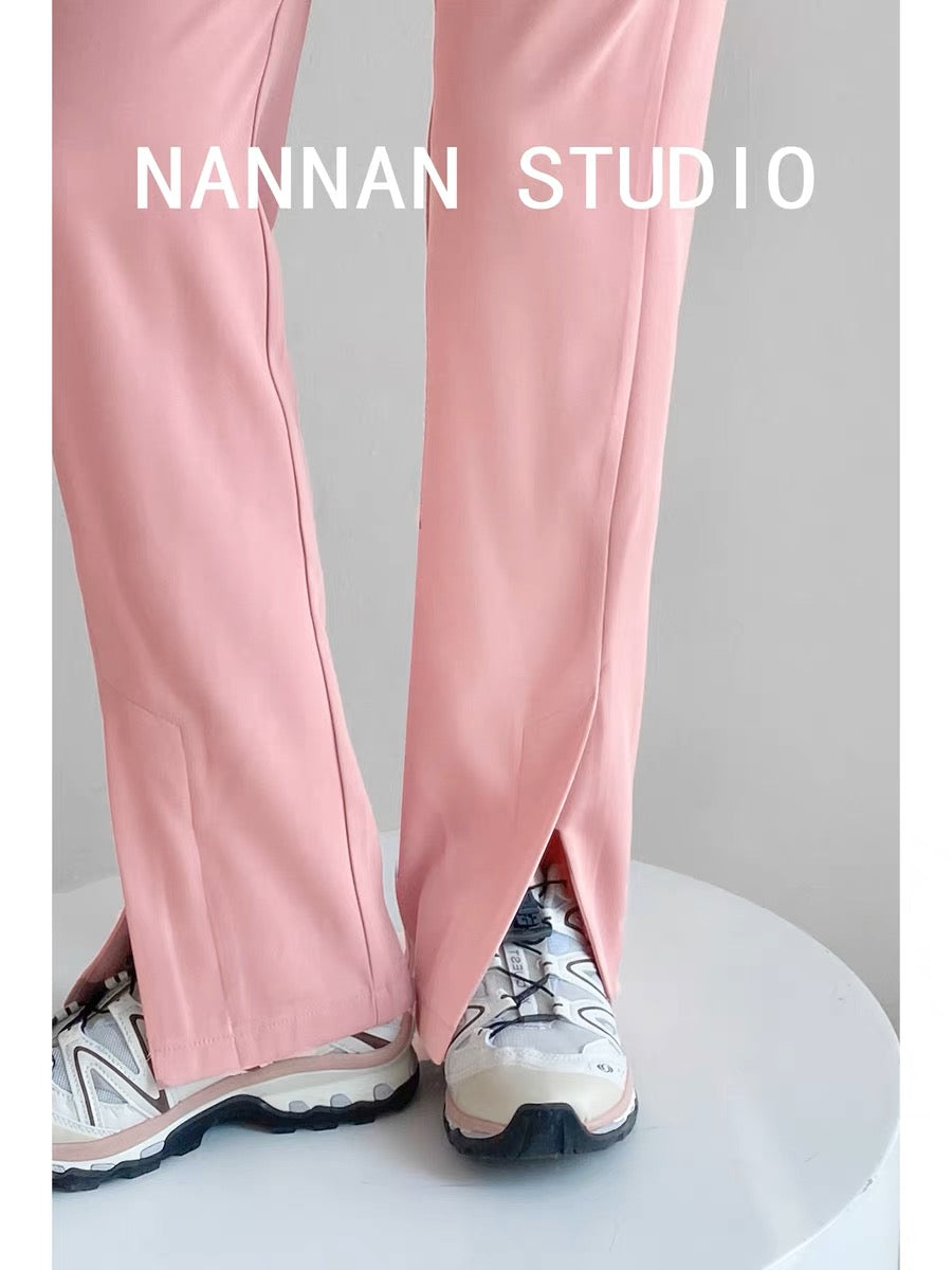 Nostalgic classic casual high-end pink suit pants for women summer thin straight pants loose slit floor-length trousers