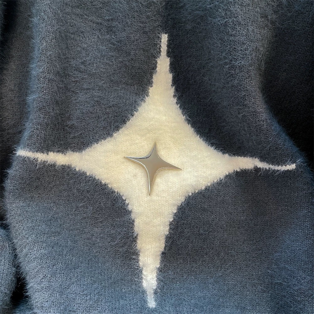 American retro stitching contrast color star zipper off-shoulder sweater for men and women autumn and winter lazy style mohair knitted jacket