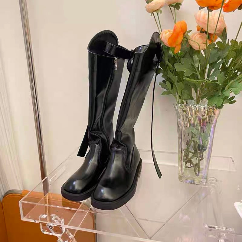 Retro British style knight boots women's 2023 autumn and winter new belt round toe western boots tassel thick bottom mid-tube boots