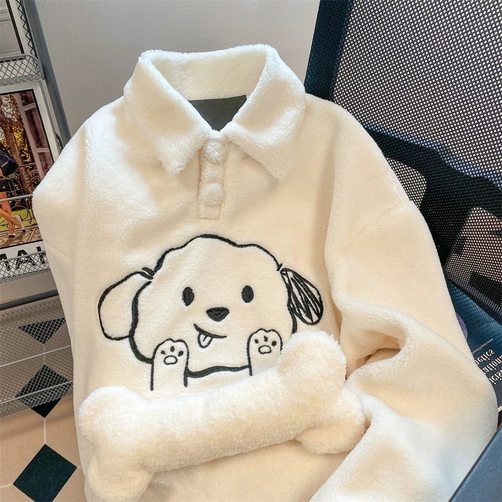 Milky style small cute dog polo collar sweater men and women autumn and winter lamb plush thickened age-reducing top