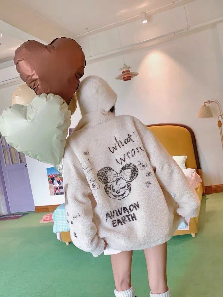 Earth Store white cartoon printed grain velvet thick coat women's autumn and winter loose polar fleece cardigan top with high quality