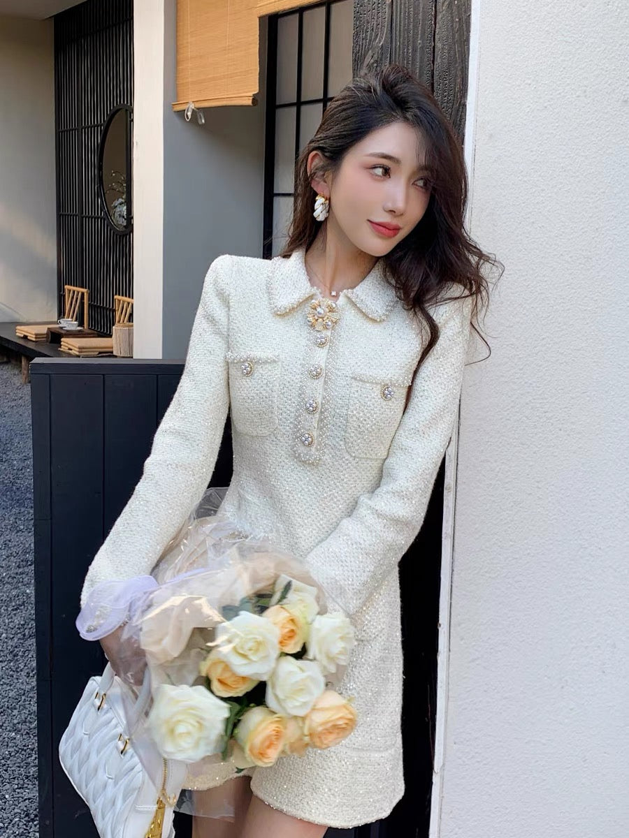 2023 autumn and winter socialite daughter Xiaoxiang style French gentle and sweet knitted lapel long-sleeved dress sweater short skirt (D172)