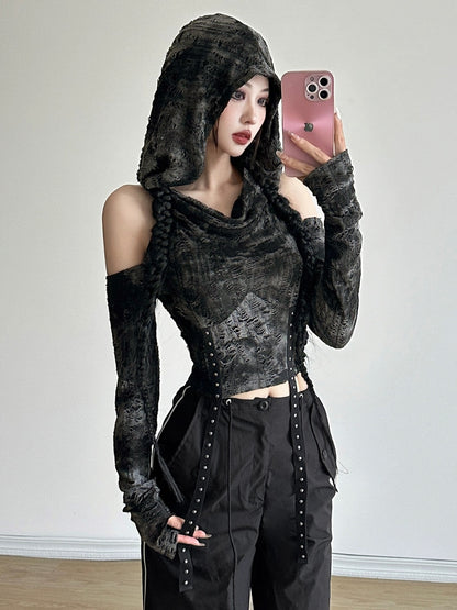 KLIOU apocalyptic wasteland style hand-made frayed hooded off-shoulder long-sleeved T-shirt women's slim high-waist personalized short top