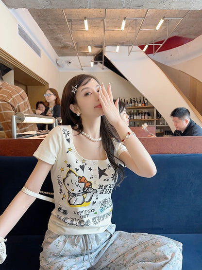 Thebestxue beige U-neck cartoon cat letter print T-shirt women's summer loose pullover short-sleeved top