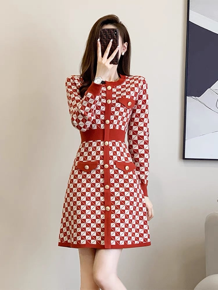 New autumn and winter French style long-sleeved small fragrant style Polo collar plaid dress with feminine temperament and slim fit with knitted skirt inside D7792
