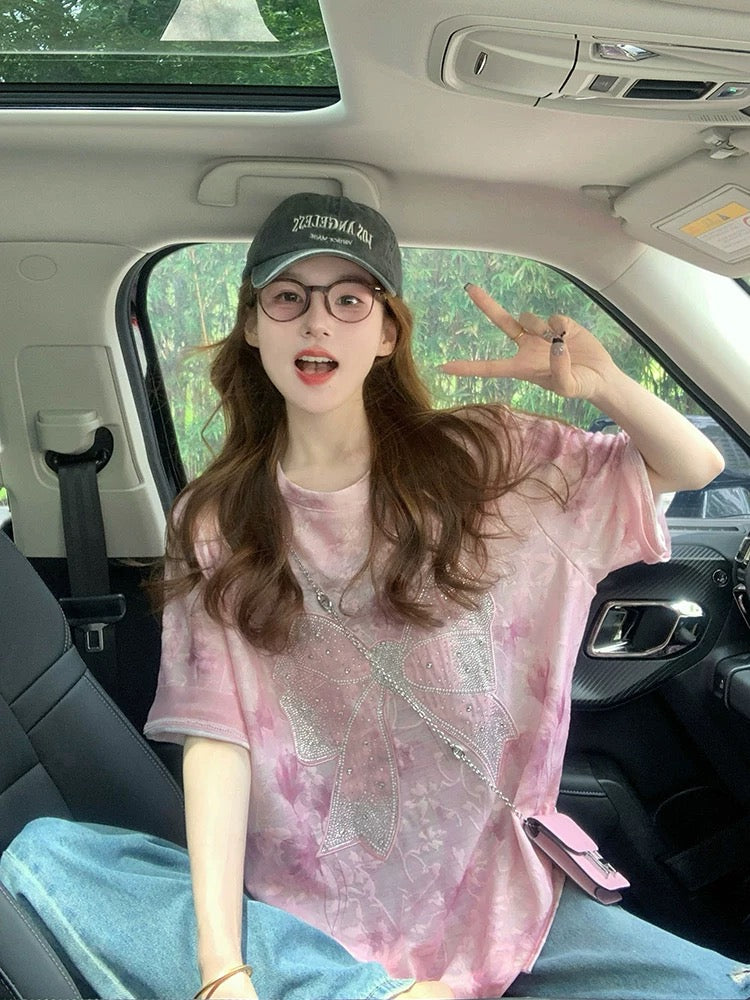 Pink jacquard ice silk short-sleeved T-shirt for women 2025 new summer tie-dye design hot diamond sweet age-reducing large version