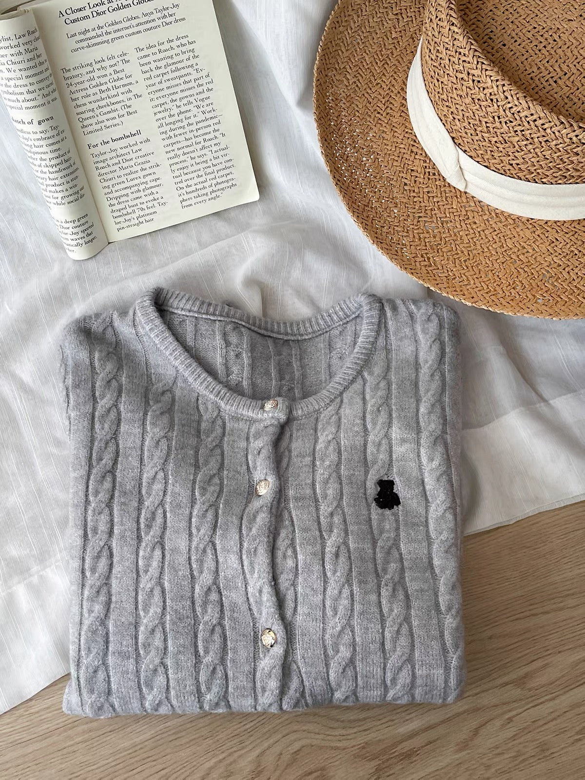Women's Japanese/Korean-style retro cable-knit cardigan; soft, cozy, and versatile with a round neck and cute bear embroidery—perfect for autumn.