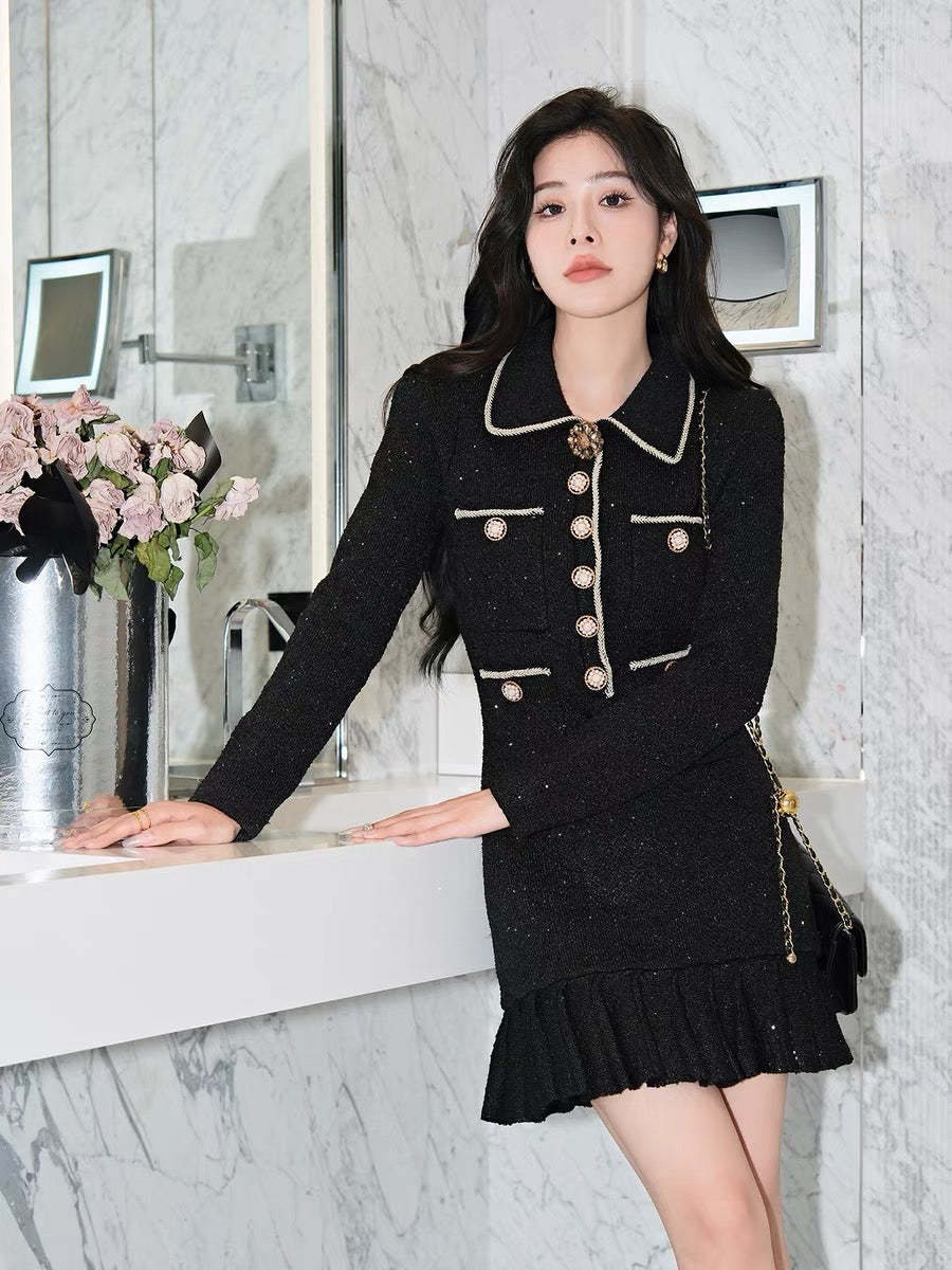 Brilliant Galaxy Series Heavy Industry Black Slimming Beads Slim Fit Small Fragrant Knitted Skirt Dress for Women D183