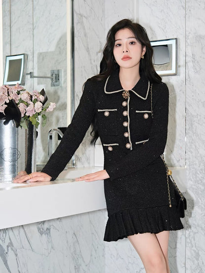 Brilliant Galaxy Series Heavy Industry Black Slimming Beads Slim Fit Small Fragrant Knitted Skirt Dress for Women D183