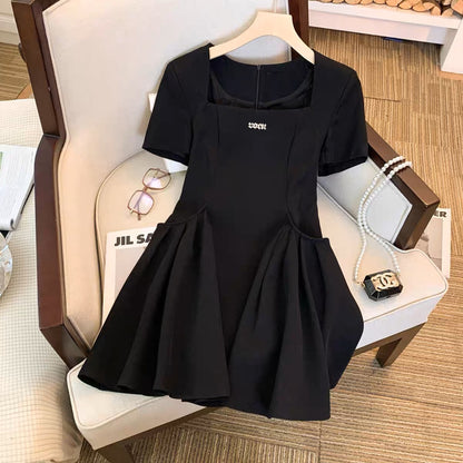 YLSZ customization~French platycodon chic jumpsuit summer dress small square collar sexy waist slimming little black qun trend (D119)