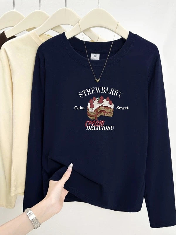 2025 Early Autumn New Style Bottoming Shirt Western Style Straight Shoulder Women's Long Sleeve T-shirt Round Neck College Style Letter Printed Top