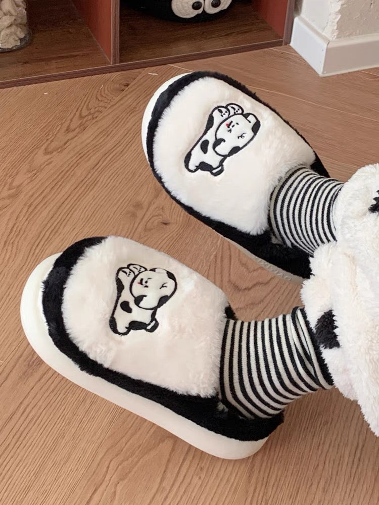 Thin strips Couple's cute black and white ins puppy cotton slippers for men and women in autumn and winter with heel and warm home confinement shoes
