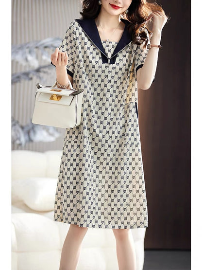 Plain wood large size printed lapel dress for women 2023 summer new mid-length skirt European station age-reducing A-line skirt