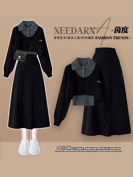 French style age-reducing knitted dress for women, Korean drama heroine in autumn and winter, sweater two-piece suit, elegant long skirt