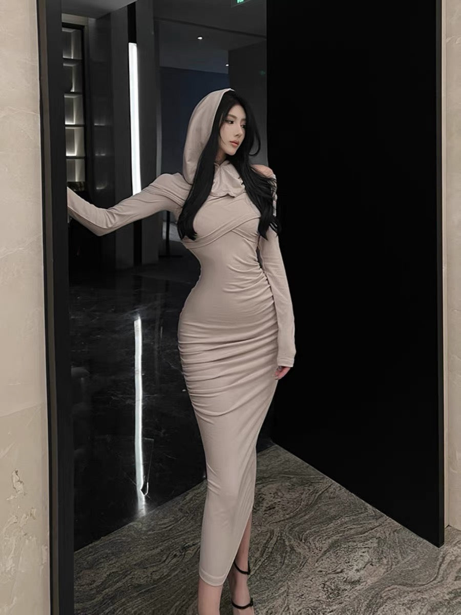 Yujie goddess style niche sexy off-shoulder long-sleeved pleated waist mid-length hooded gray dress for women summer A2272