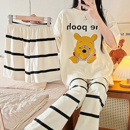 Pajamas women's short-sleeved trousers summer cotton thin junior high school students 13 girls big children cartoon cute three-piece set