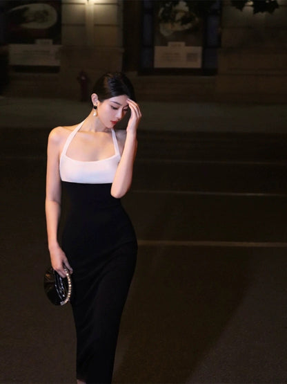 Thirteen and Little Halter Neck Dress Women Summer Contrast Color Dew Backpack Hip Sexy Pure Desire Temperament Slim Skirt