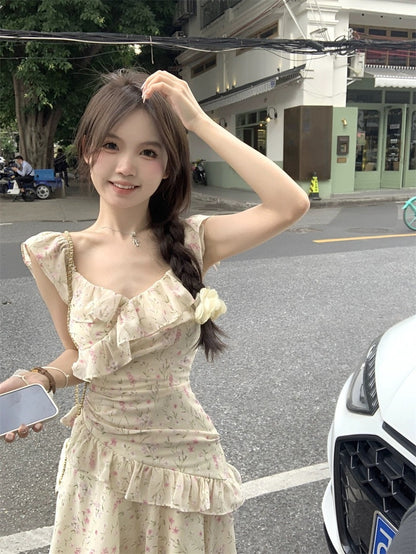 PPHOME is full of temperament~Sweet flying sleeves floral suspender dress women's design holiday style fairy long dress
