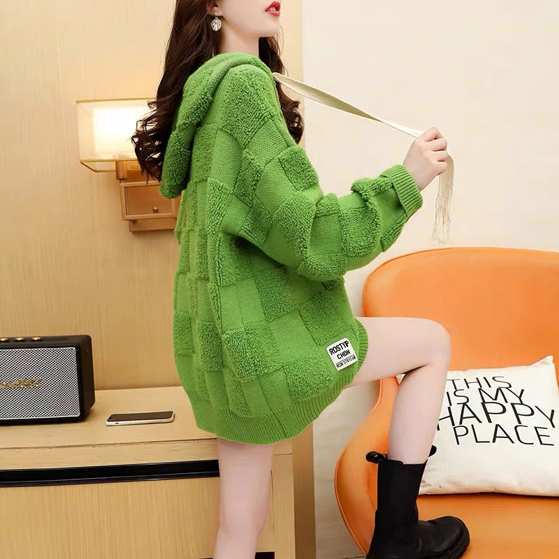 Designed hooded sweater for women 2023 new autumn and winter style versatile loose lazy style thickened knitted jacket