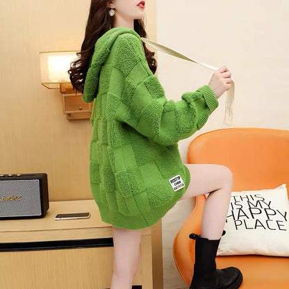 Designed hooded sweater for women 2023 new autumn and winter style versatile loose lazy style thickened knitted jacket