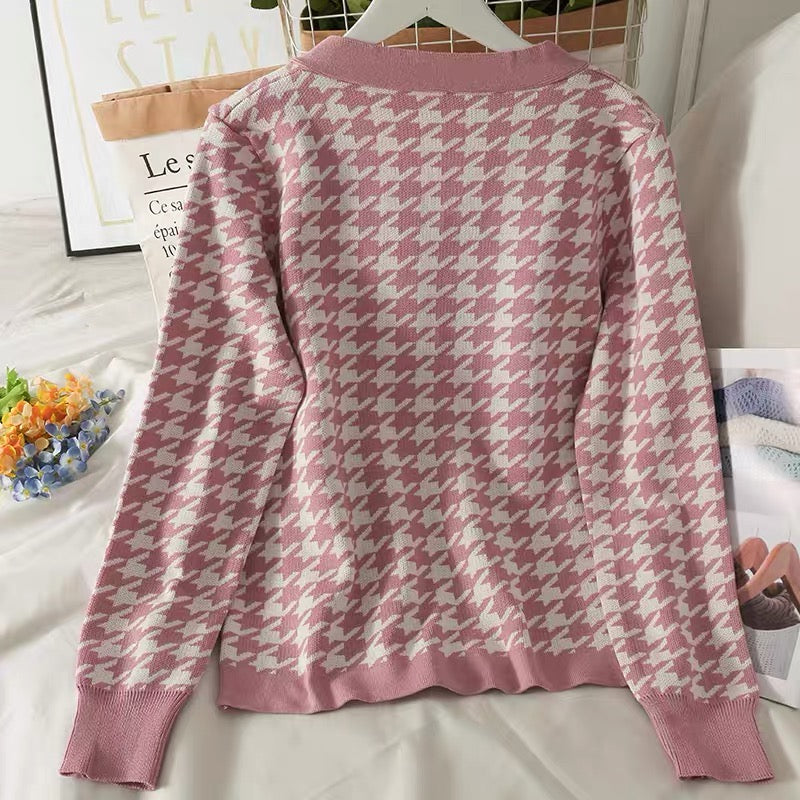 Suit women's 2023 autumn houndstooth square collar exposed collarbone single-breasted knitted jacket elastic waist slimming wide-leg pants