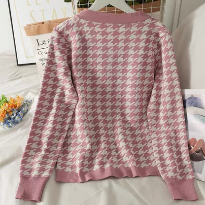 Suit women's 2023 autumn houndstooth square collar exposed collarbone single-breasted knitted jacket elastic waist slimming wide-leg pants