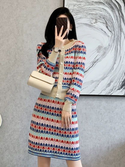 Autumn and winter new style French style knitted fashion suit skirt women's slim slimming colorful temperament two-piece skirt