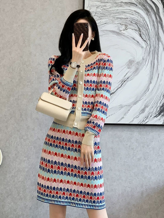 Autumn and winter new style French style knitted fashion suit skirt women's slim slimming colorful temperament two-piece skirt