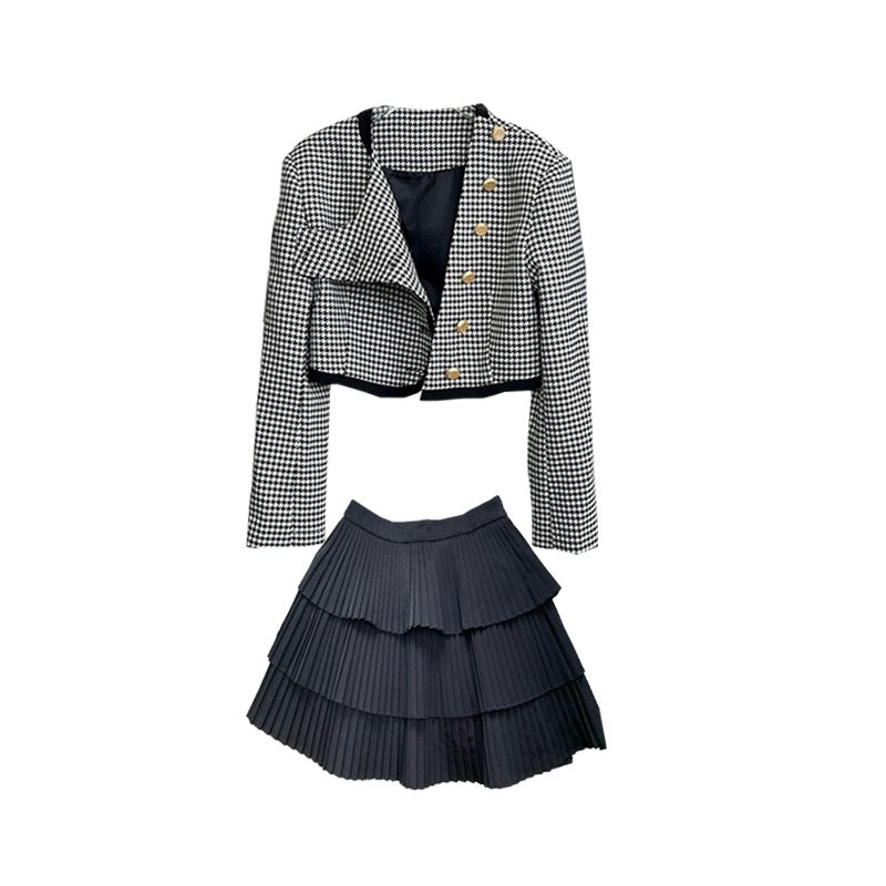 Small fragrant style suit, high-end and cold style two-piece skirt, houndstooth plaid short jacket, female celebrity early spring new style