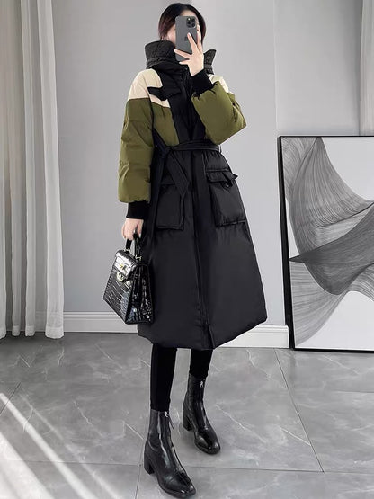Designed contrasting color hooded down jacket for women winter 2023 new waist slimming commuting versatile mid-length coat
