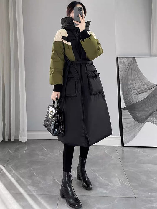 Designed contrasting color hooded down jacket for women winter 2023 new waist slimming commuting versatile mid-length coat