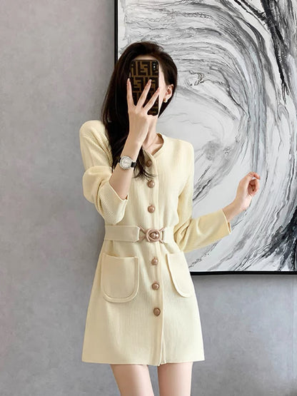 Spring 2023 New Women's French Waist Slimming Design Niche Small Knitted Suit Dress (V7719)