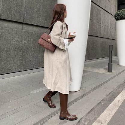 Cowhide boots, women's boots, students' mid-heel high boots, but knee boots, round-toed camellia, small fragrance, thick-heeled boots, new style