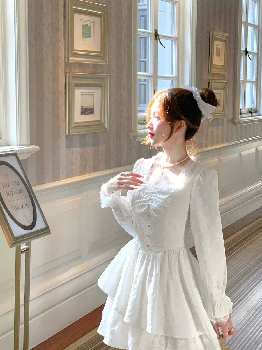 Q Women's Home White Dew under the Moon/French White Jacquard Square Neck Dress Spring Irregular Hem Long Sleeve Little White Dress