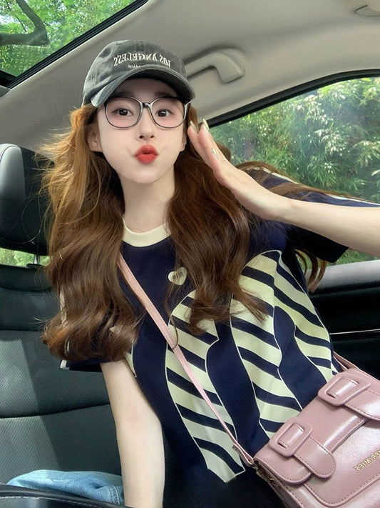 Contrast color letter print short-sleeved T-shirt for women 2025 new summer design American straight shoulder casual half-sleeved top