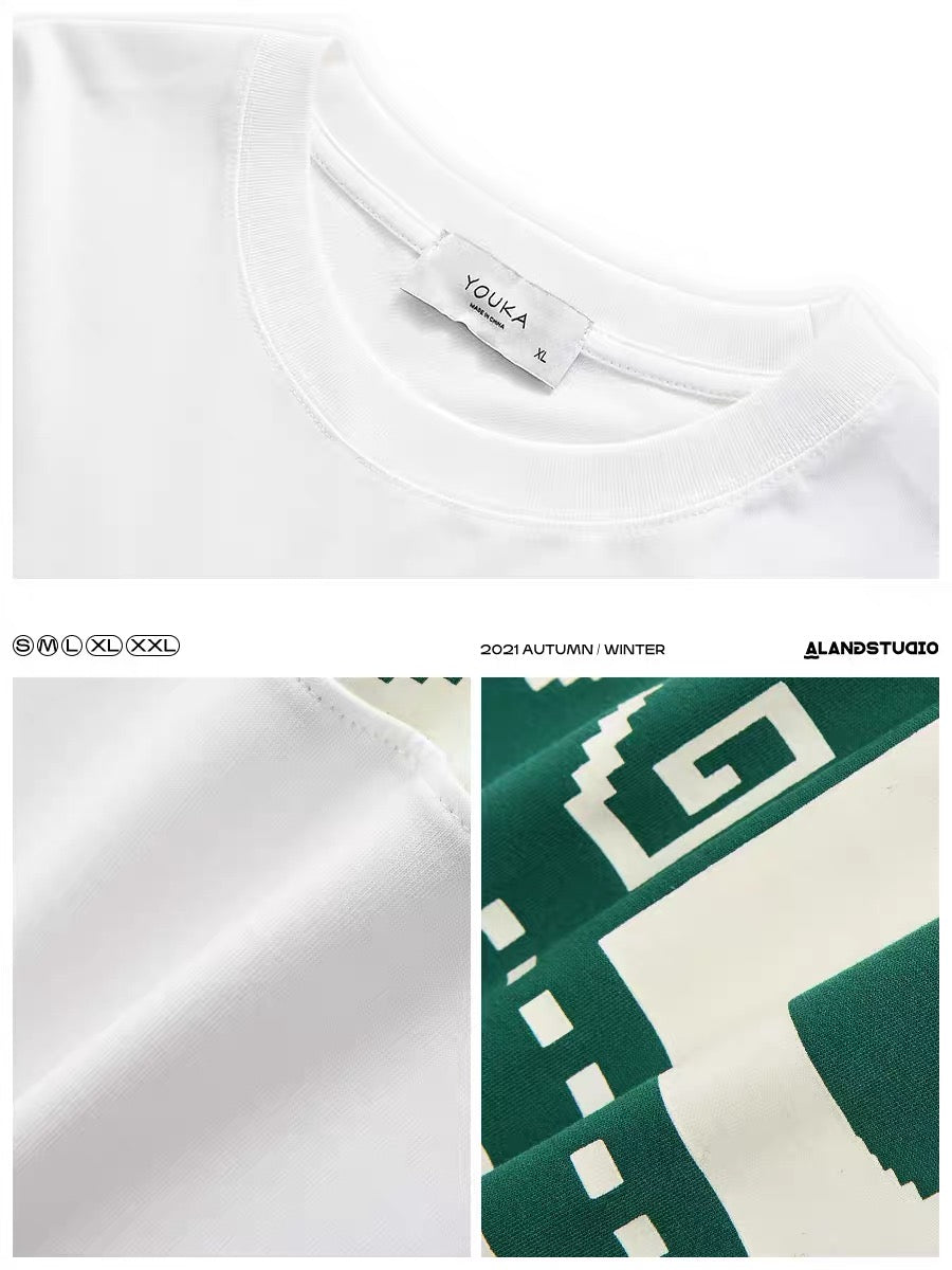 Xu Tailang contrast color Fair Isle printed short-sleeved T-shirt men's summer trendy brand plus size men's quarter-sleeved T-shirt top
