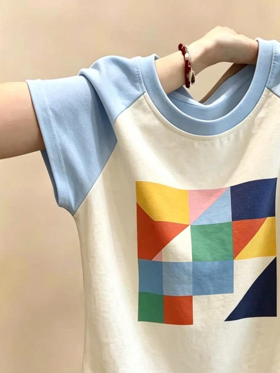 Shenzhen Nanyou Brand Women's Clothing ~ Round Neck Short Sleeve T-Shirt, Summer Versatile, Slimming, Stylish Color-Blocking Top