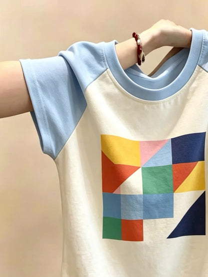 Shenzhen Nanyou Brand Women's Clothing ~ Round Neck Short Sleeve T-Shirt, Summer Versatile, Slimming, Stylish Color-Blocking Top