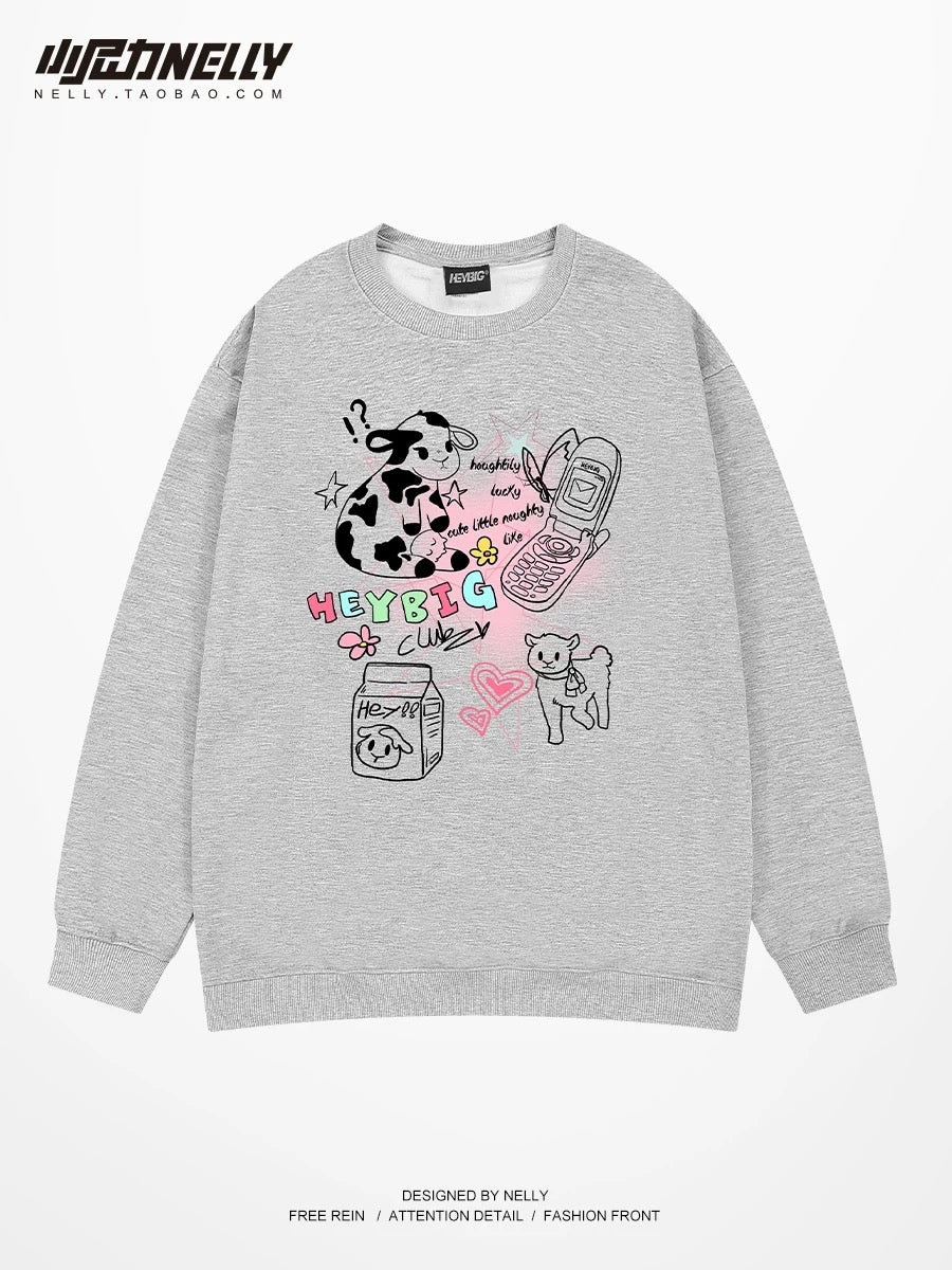 Cartoon dog round neck sweatshirt for men and women in autumn and winter American youth tops with velvet design and versatile outerwear trend
