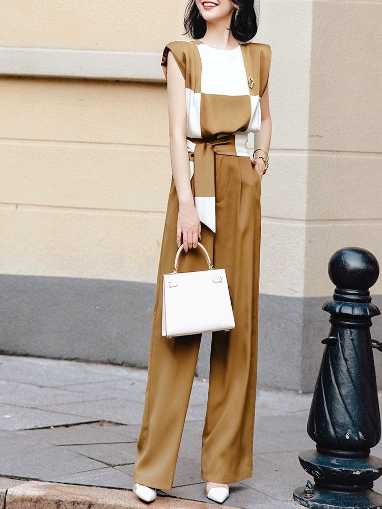 Feijie customized high-end suit 2024 spring and summer new temperament sleeveless top high-waisted wide-leg pants two-piece set