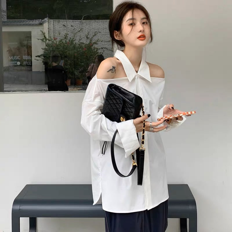 Designed halter neck off-shoulder retro Hong Kong style shirt 2023 new niche thin early autumn long-sleeved chic top for women