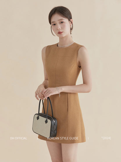 DH OFFICIAL Big Flower [Kelu Qianjin] Khaki Brown Dress Women's Summer Korean Waist Temperament Sleeveless Dress