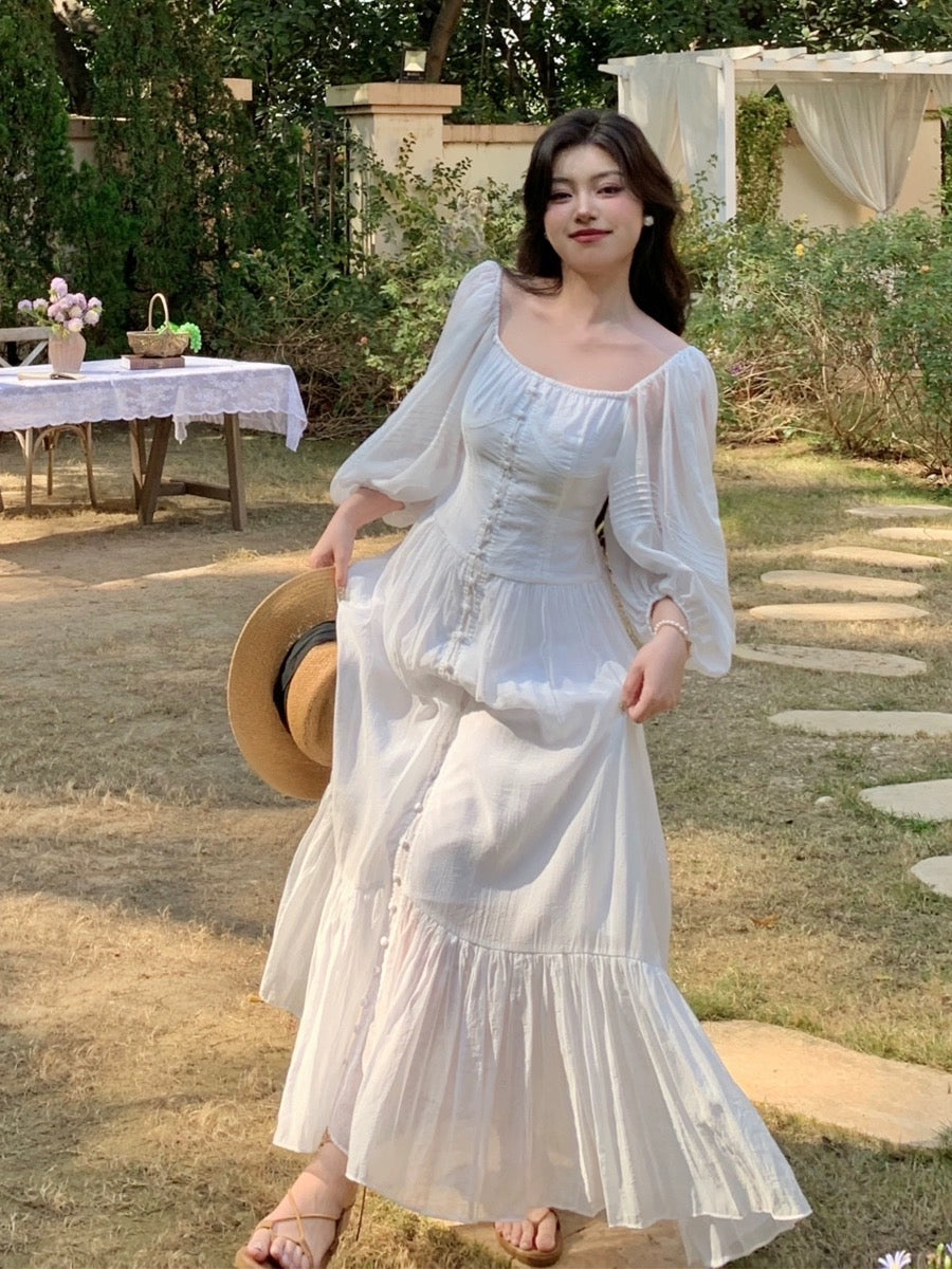 Tang Gongzi French white dress for tea break, waist slimming, high-end –  Lee Nhi Boutique