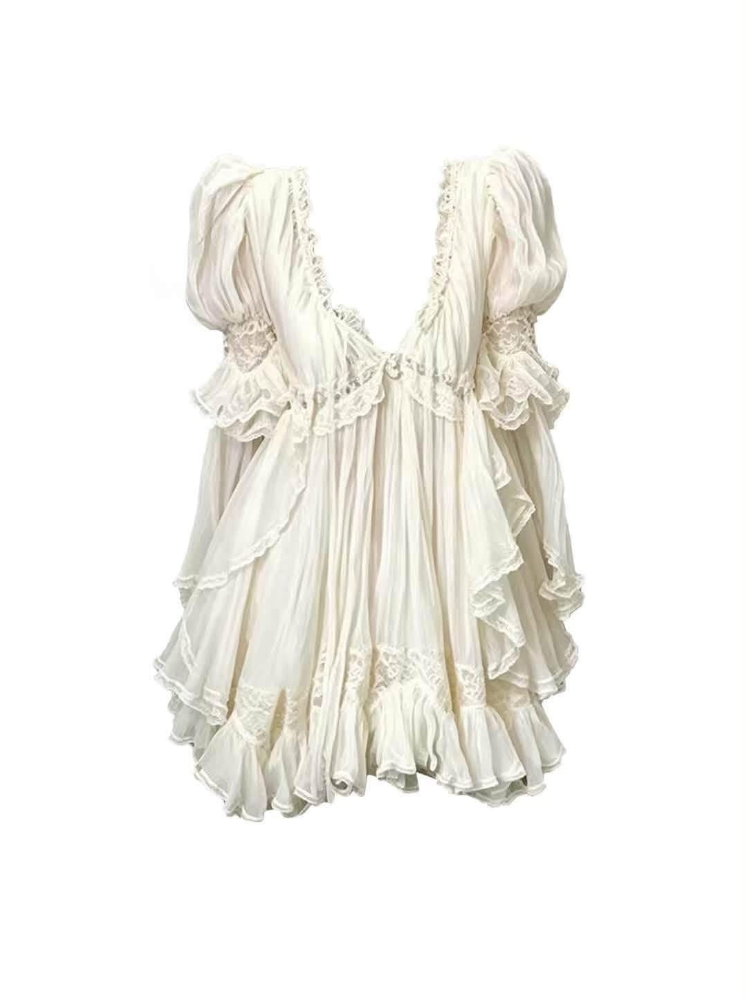 GAOSITONG Women's Summer 2026 French Court-Style Lace V-Neck Puff-Sleeve Ruffled Fairy Dress
