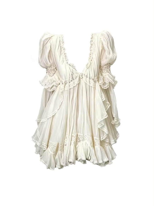 GAOSITONG Women's Summer 2026 French Court-Style Lace V-Neck Puff-Sleeve Ruffled Fairy Dress
