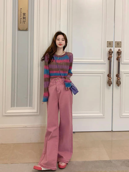 Guoguojia short sweater for women spring and autumn 2023 new style lazy sweater slimming striped splicing bottoming top (B3311)