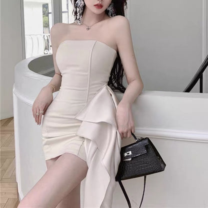 French one-shoulder fishbone tube top dress women's summer dress high-level sexy temperament beautiful hot girl bag hip skirt